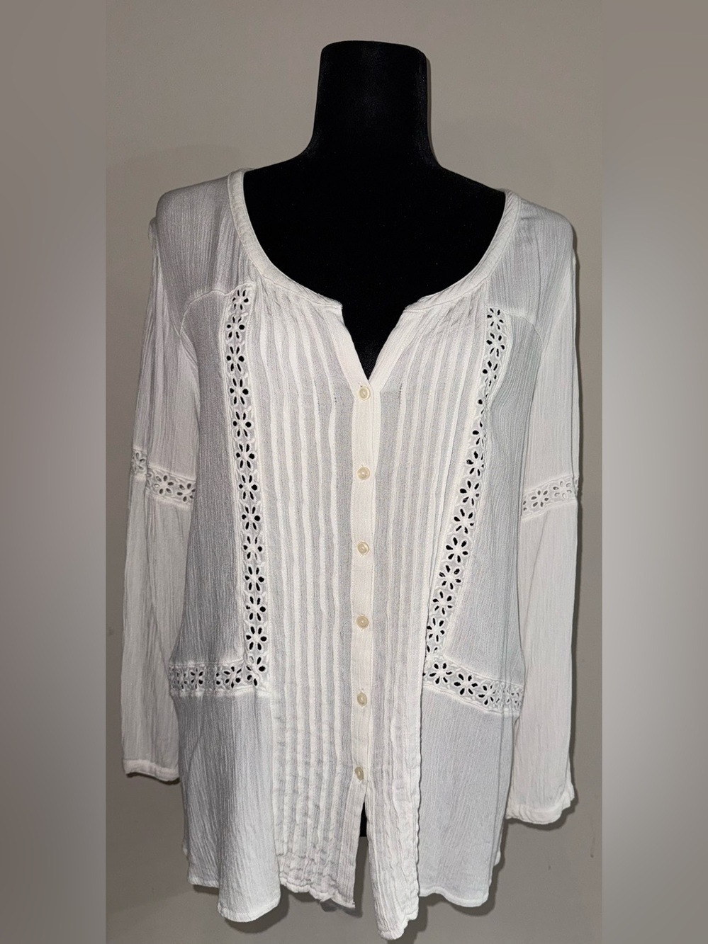American Eagle White Eyelet Pintuck Long Sleeve Blouse Top XL